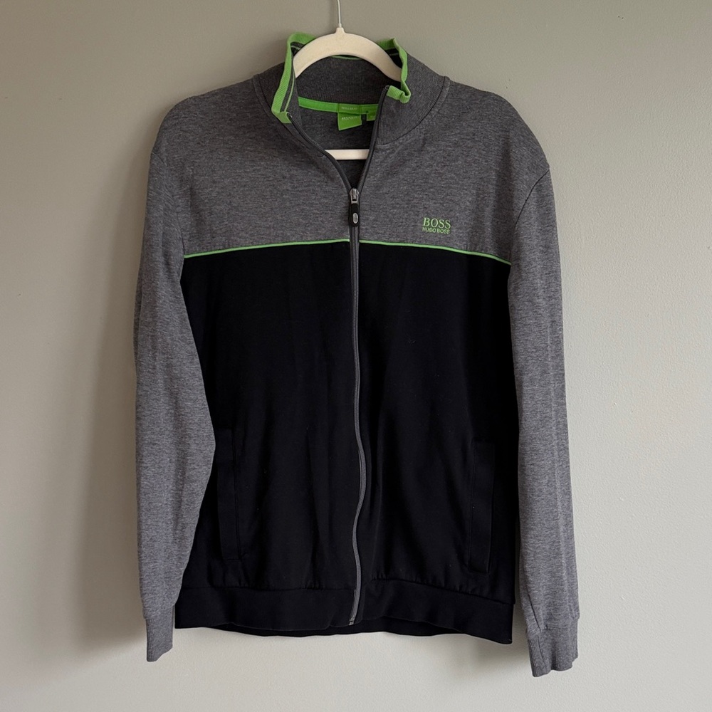 Boss Gray and Black Zip-Up Sweater with Lime Trim
